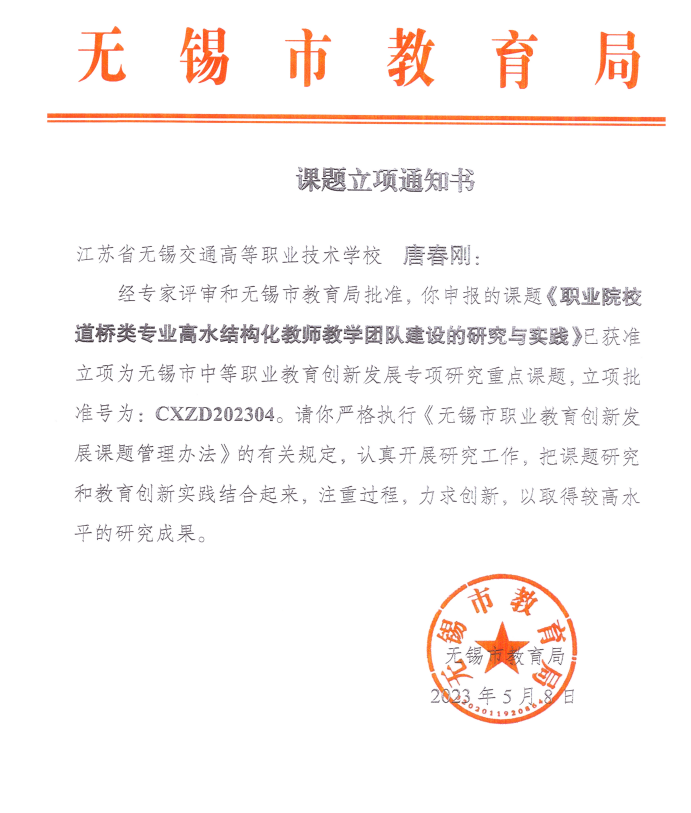 唐春刚主持的《职业院校道桥类专业高水平结构化教师教学团队建设的研究与实践》课题获批立项为无锡市中等职业教育创新发转专项研究重点课题